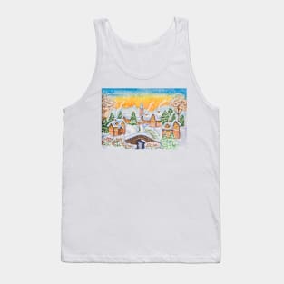 Winter landscape with village houses and bridge. Tank Top